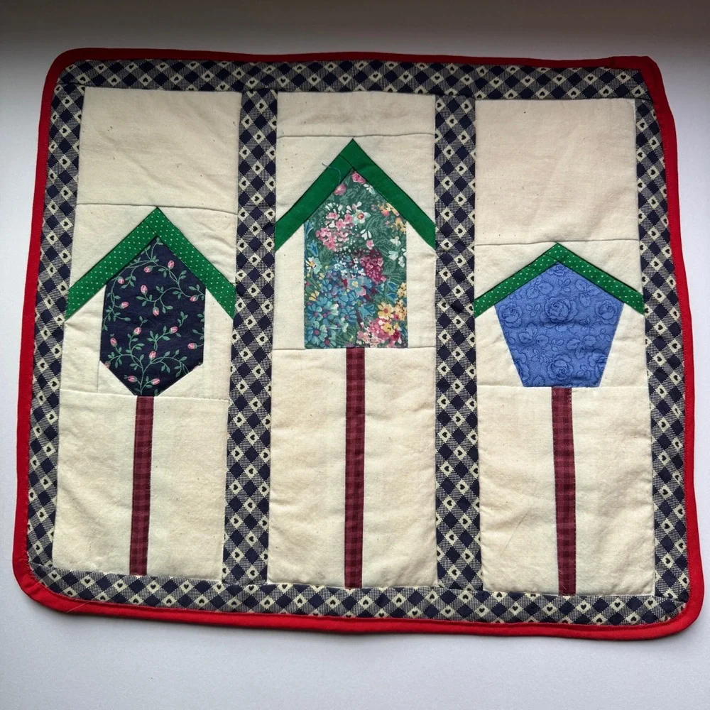 Vintage Handmade Patchwork Quilted Placemat Bird House red blue cottage rustic